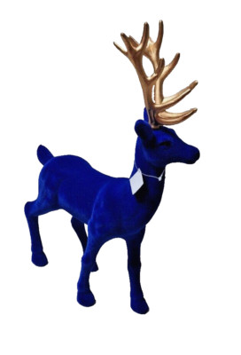 Werner Voss Großer DEKO Hirsch mit goldenem Geweih beflockt Royalblau 45 x 30 cm