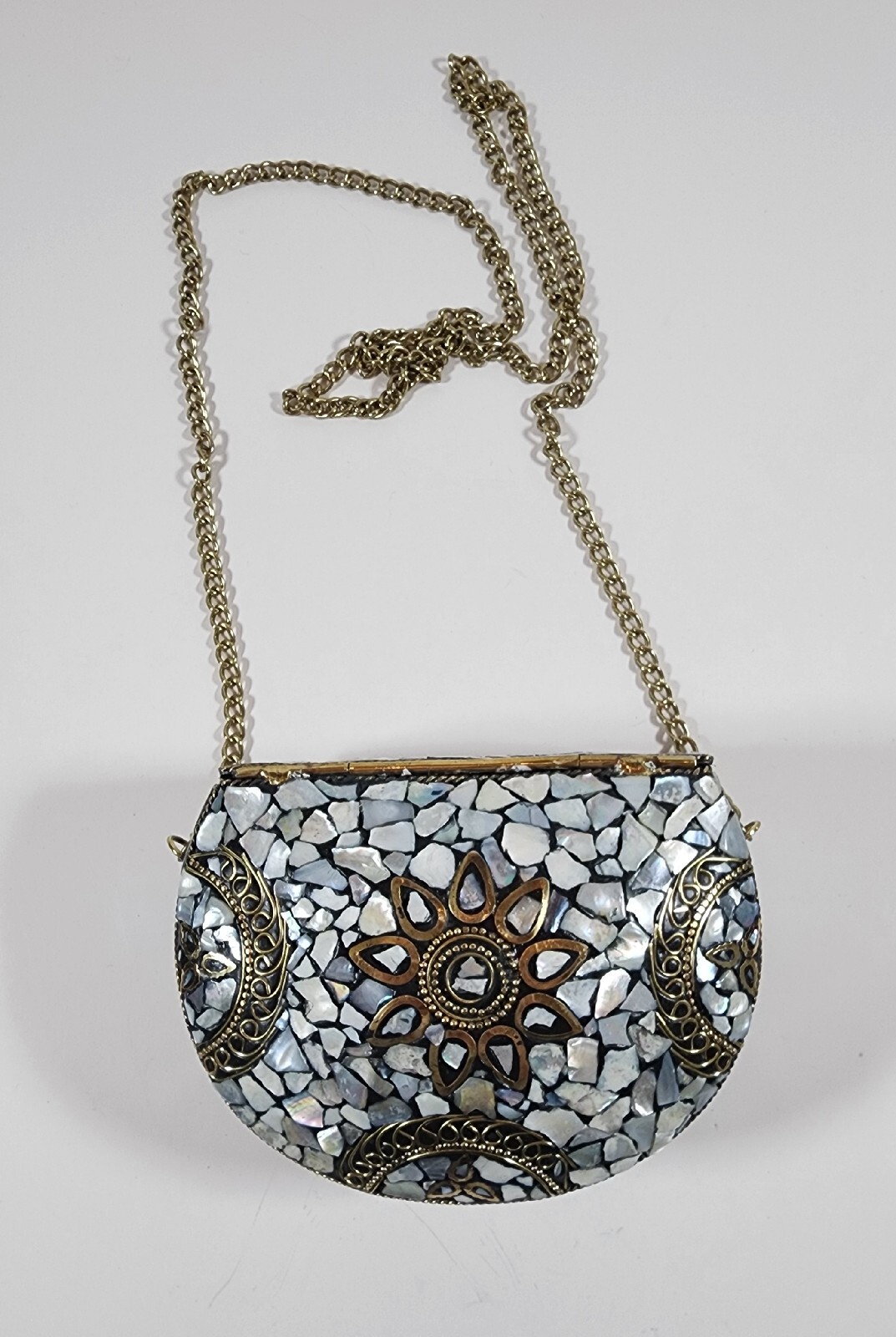 Shell Mosaic Clutch Metal Bag Ethnic Purse Gold Silver