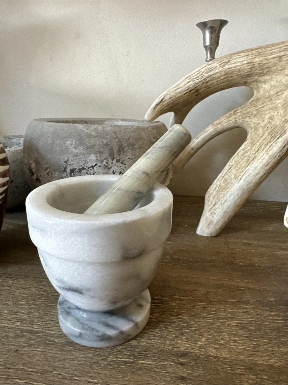 Marble mortar and pestle for crushing and grinding herbs, spices, ice