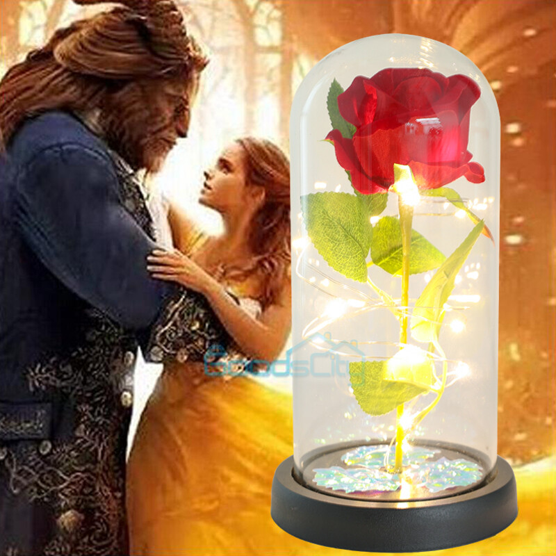 LED Lighted Beauty and the Beast Enchanted Rose In Glass