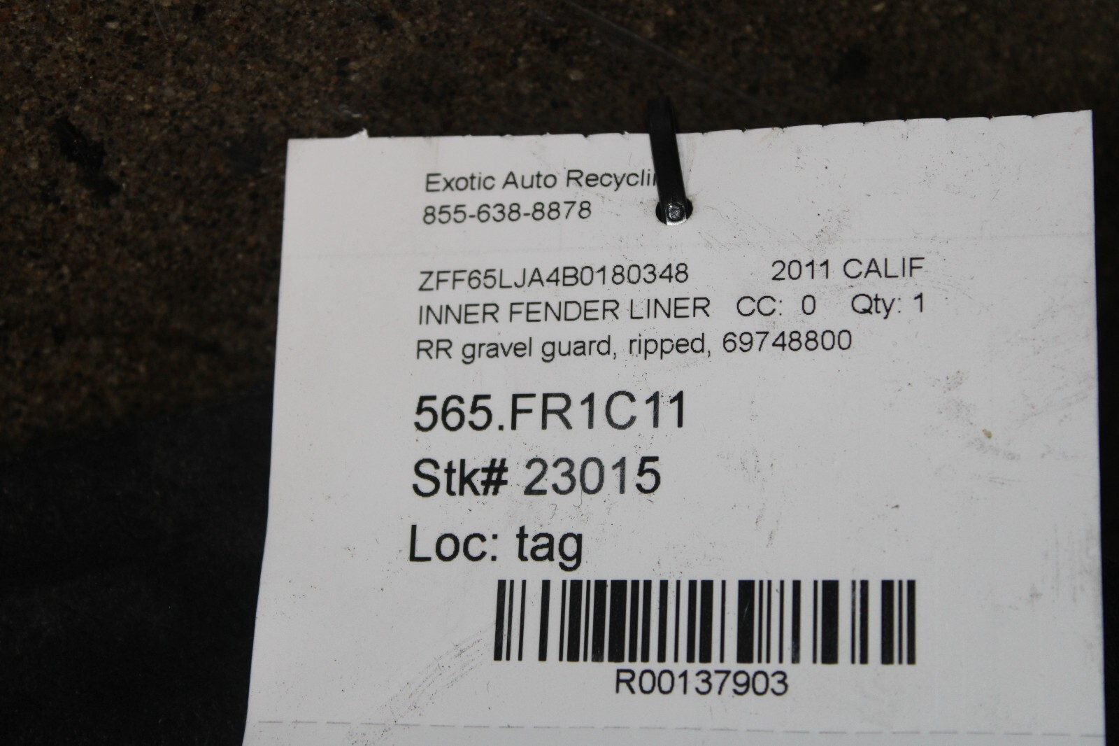 Ferrari California, RH, Right, Rear Gravel Guard, Dmg, Used, P/N 69748800