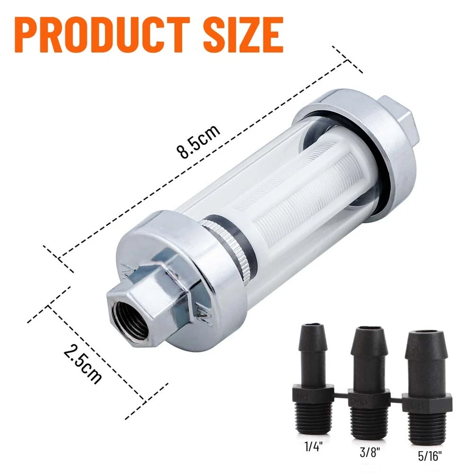 Universal 3/8" 1/4" 5/16" Accesorios Cromo Gas Vidrio Reutilizable Filtro de Combustible en Línea Foto 3 de 4