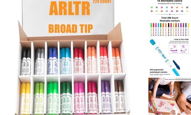 Washable Bulk Markers 224-Pack 16 Bright Colors Broad Tip-image
