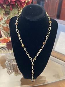 Authentic Pre-Loved Italian Textured Gold Plated Lariat Necklace With Tiger’s Eye Beads
