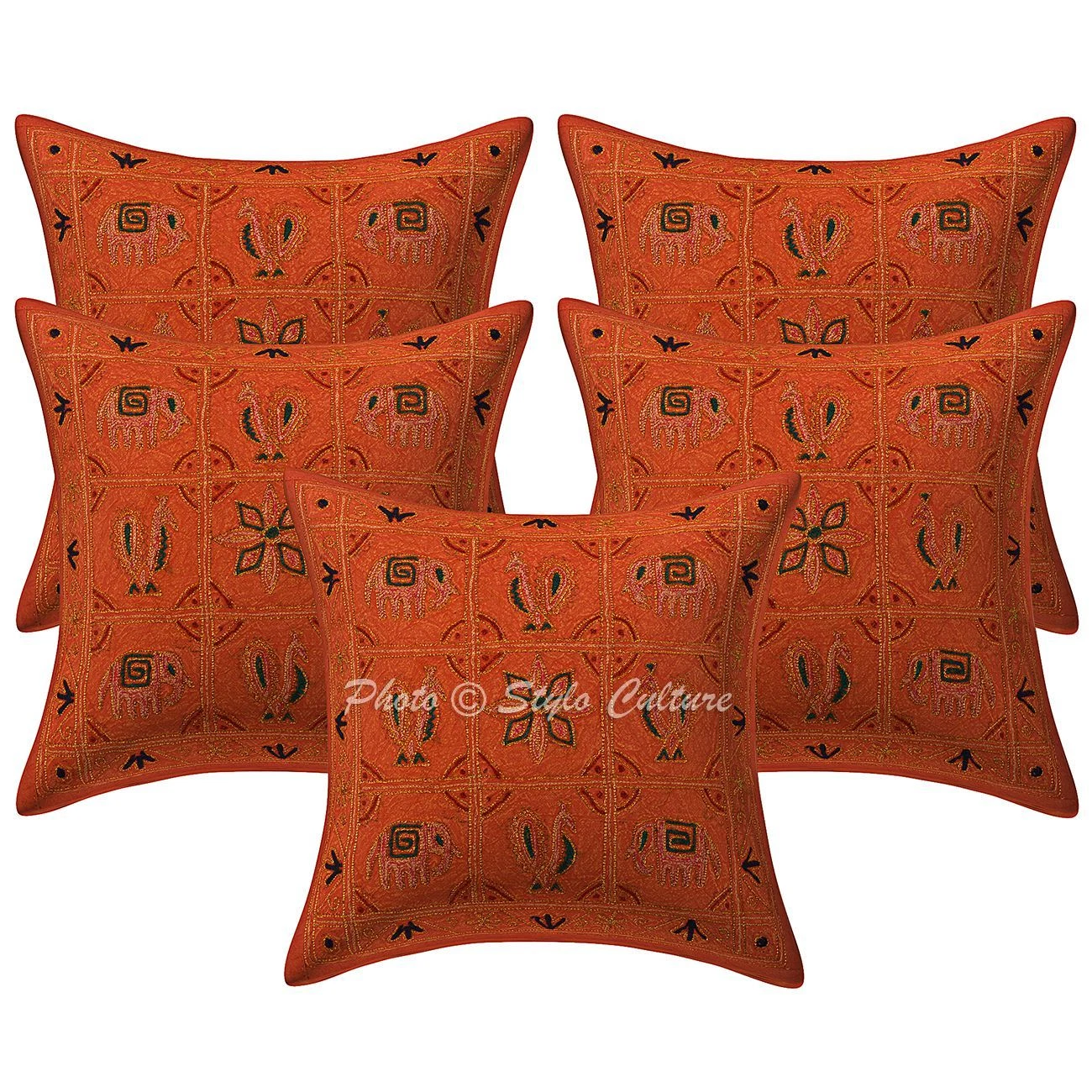 Cotton Ari Embroidered Pillow Cases 16x16 Ethnic Set Of 5 Elephant Cushion Cover
