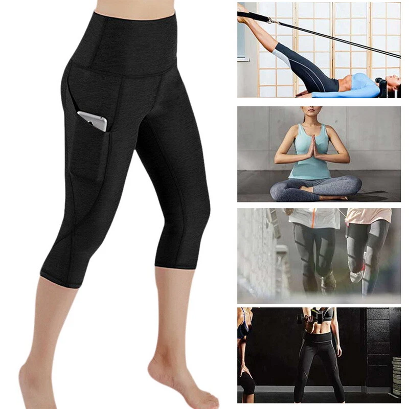 3/4 Women High Waist Gym Yoga Pants Pocket Leggings Capri Fitness