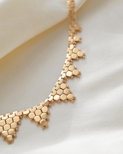 4-17mm 14kYellow Gold Vintage Honeycomb Link Flexible 16in Choker Necklace - Picture 4 of 9