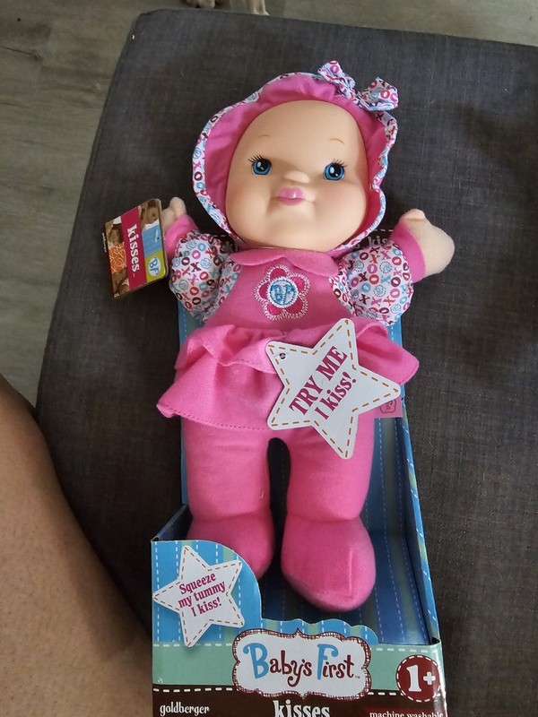 Goldberger Baby's First Kisses Plush Baby Doll, Pink/White, Try Me Kiss 1+