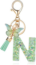 Fashion Alphabet Initial Letter Keychain Tassel Butterfly Pendant Key Ring for P