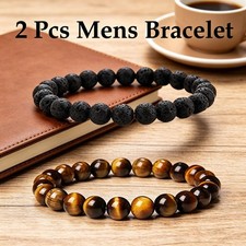 Father's Day Gift for Dad Husband Birthday 2Pcs Mens Beaded Bracelets Wristbands