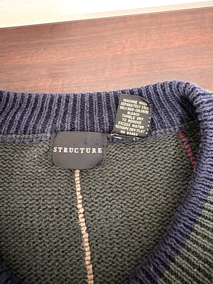 Vintage Y2K Men's Structure Sweater Striped V-Neck Olive Green XL - Image 3 of 4