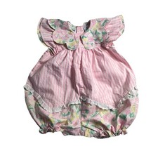 Vintage Pastels Pink Floral Bubble Romper Girls Big Collar Sleeves Sz 24 Mo