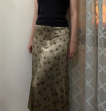 Vintage Dressy Satin A Line Midi Skirt Muted Green Floral Small Xs