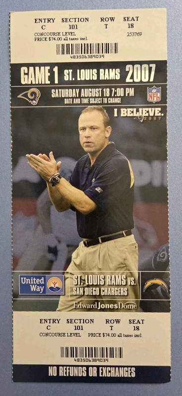 St Louis Rams San Diego Chargers Football Ticket 8/18 2007 Rivers TD Frerotte TD