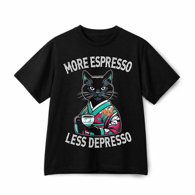 More Espresso Less Depresso Black Cat Funny Retro Graphic Cotton T Shirt Unisex