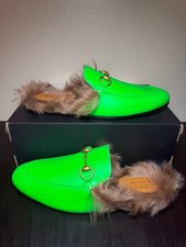 Gucci Princetown Horsebit Fur-Lined Mules Neon Green Men's US 8.5 EU 42