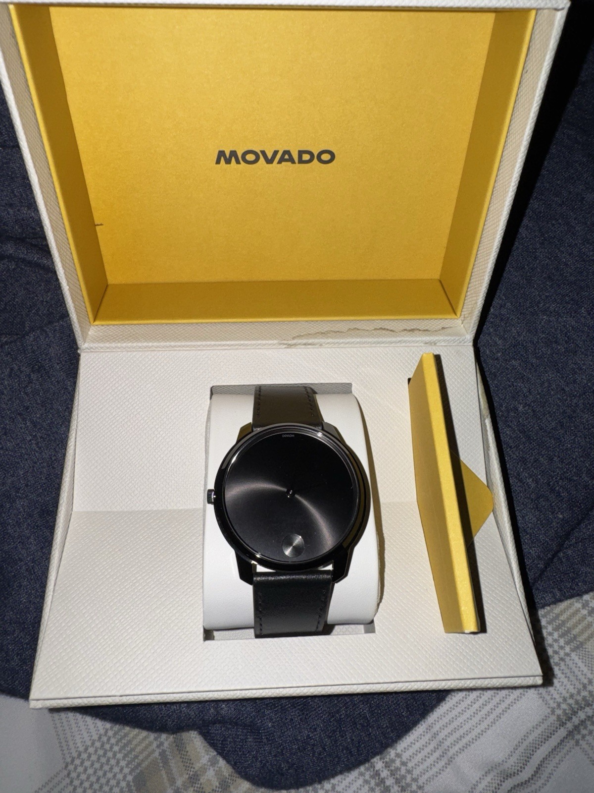 Movado Museum Black Dial Dress Watch Black Leather Strap Quartz w/ Box