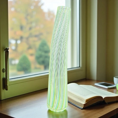 Vintage Handblown Art Glass Filigrana Lime Green Blue & White Stripe Curved Vase