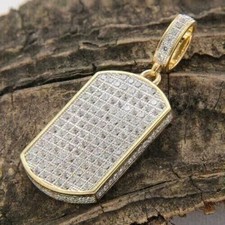 2.50Ct Lab Created Diamond Round Dog Tag Pendant 14K Yellow Gold Plated 18''