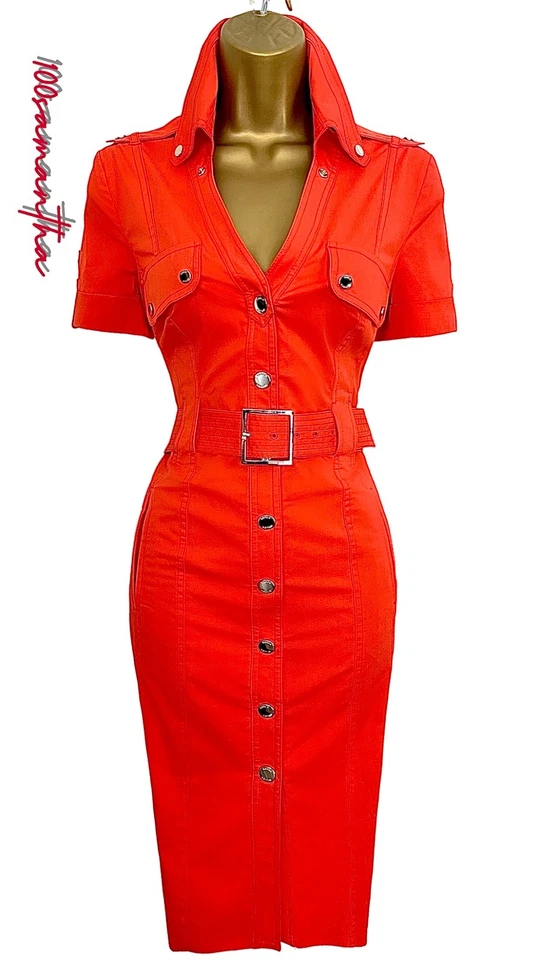 Karen Millen Size UK 14 VINTAGE MILITARY SAFARI BELTED SHIRT DRESS IN ORANGE - Image 1 of 4