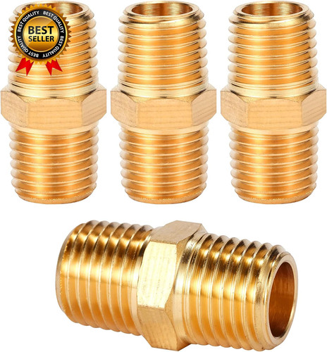4 Pack Brass Pipe Fitting, Hex Nipple, 1/4" X 1/4" NPT Male