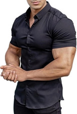 Men S Muscle Fit Dress Shirts Athletic Slim Fit Short Sleeve Stretch Casual Butt
