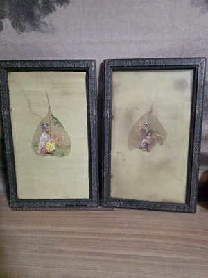 Authentic Peepal Leaf Painting Handmade Indian Snake Charmer & Indian lady. oil