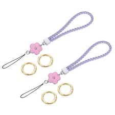 2Pcs Wristlet Lanyards, 4.7" Leather Keychain Strap with Flower Charm, Purple