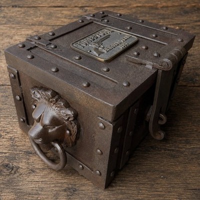 Tombstone Cast Iron Strong Box Lion Head Handles Hand Antiqued Western Decor