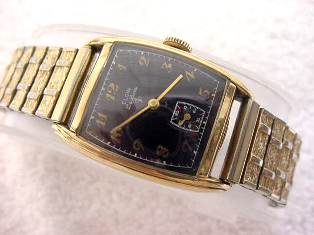 Vintage GOLD FD large antique Art Deco ELGIN BLACK DIAL CURVEX mens watch