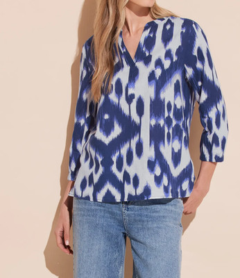 Street One Splitneck Blo Damen Bluse Blusenshirt Leinen 3/4-Armlänge Blau Gr. 36