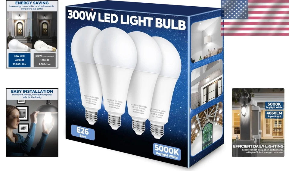 A23 LED Bulb 300W Equivalent, 4060LM, Daylight White, 4 Pack - Image 2 of 4