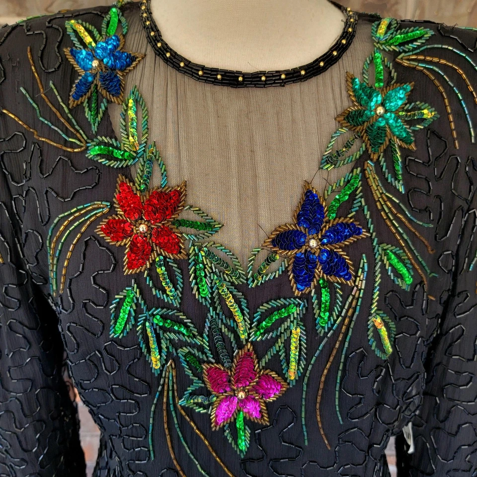 Scala Dress Womens XL Black Silk Beaded Sequin Floral Evening Gown Long Sleeve - Image 3 of 4
