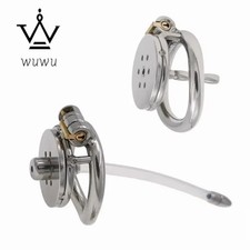 Male Chastity Cage Device Flat Round Hole Metal Chastity Lock Ring with Tube
