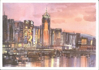 Vintage Hongkong Skyline Postkarte Aquarell Shen Ping 2016 verschickt