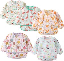 5 Pack Long Sleeve Bib,Baby Toddler Waterproof Unicorn/Flamingo/Fox/Owl/Bird