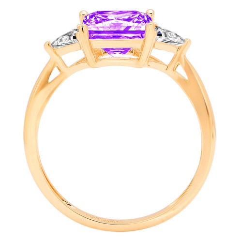 2.32Ct Princess Cut Natural Amethyst 3 Stone Engagement Ring, 14K Yellow Gold - Picture 9 of 11