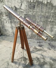 Nautical Brass 39" Antique Leather Telescope w/ Wooden Tripod Stand Decorative