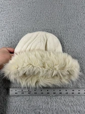 Beanie Toque Womens One Size Knit White Acrylic Poly Faux Fur Trim Ski Fluffy