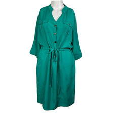 Beige ECI Dress Womens Sz 10 Green Shirt Drawstring Waist Buttons Pockets