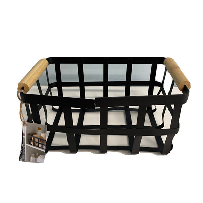 Metal Storage bin bamboo handle 11x7x5 Simplify Rectangular Metal bent/BROKEN