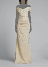 $961 Rickie Freeman for Teri Jon Women's Gold Off-Shoulder Gown Dress Size 12