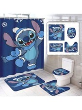 Stitch Disney Cartoon Shower Curtain Set, Stitch Cartoon Toilet Seat Cover Set