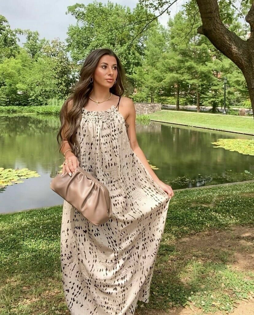 H&M HM CONSCIOUS Lyocell Blend Dress Beige Black Patterned MULTI-SIZES