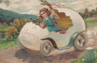 Postcard A Joyous Easter Little Girl Driving Egg Car Holding Flowers 1909