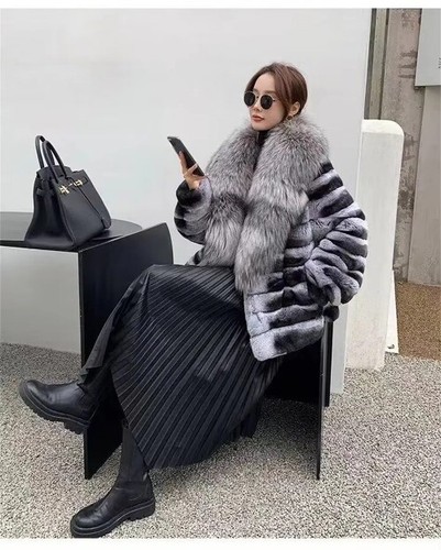 Natural Rabbit Fur Coat Women Monochromatic Hood Warm Large Fur Collar Winter - Bild 11 von 15