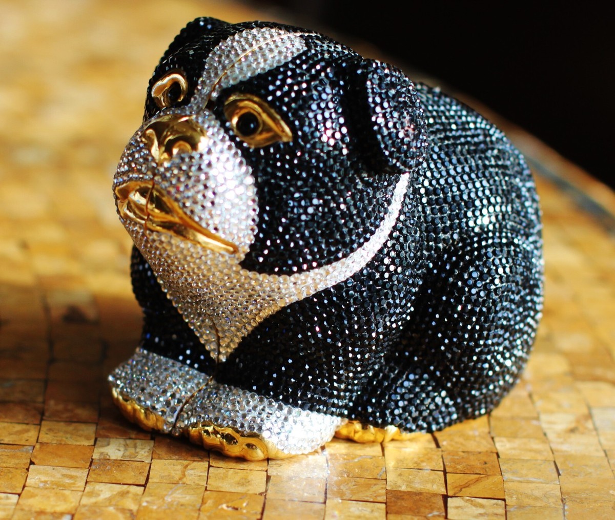 JUDITH LEIBER BULLDOG PUG BLACK WHITE GOLD DOG SWAROVSKI CRYSTAL
