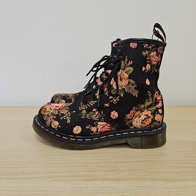 Dr Martens 1460 Castel Victorian Black Pink Floral Blumen Canvas Stiefel UK 4