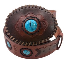 Women Brown Leather Belt Large Brown Turquoise Western Tooled Buckle Rodeo Queen