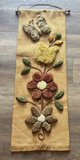 VTG 1970S Latch Hook Wall Hanging Butterfly Floral Boho Burlap Mcm Textile Art